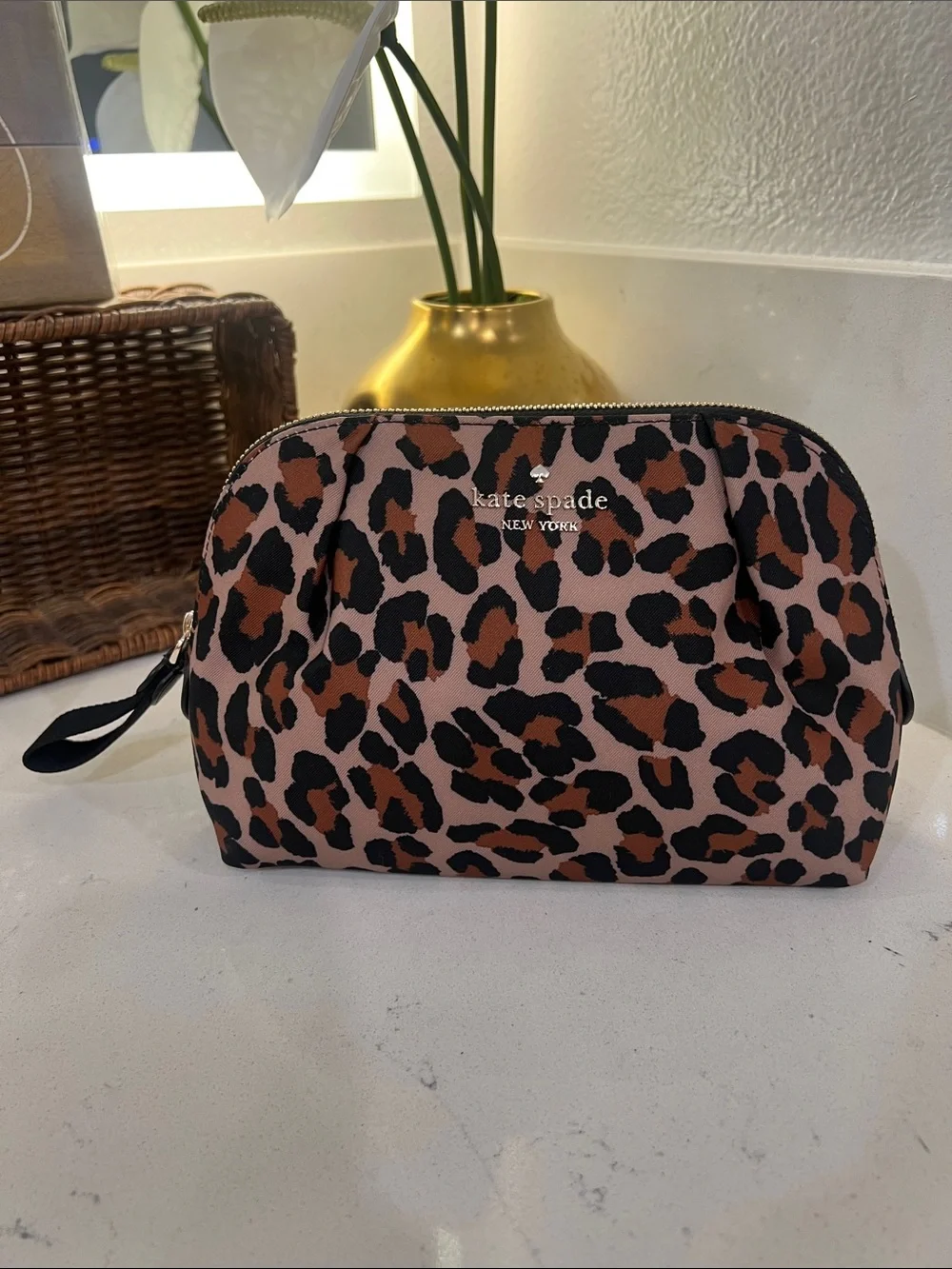 kate spade Leopard-Print Cosmetic Pouch — Pink & Brown